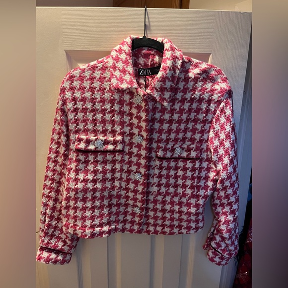Zara Jackets & Blazers - ZARA Pink White Tweed Rhinestone Button Blazer Jacket S NWT